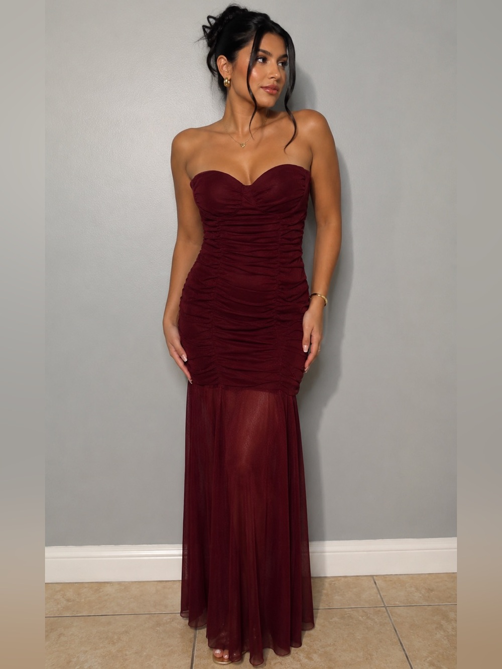 Fashion Nova Helena Ruched Mesh Maxi Dress Burgundy Red Strapless Formal Size M